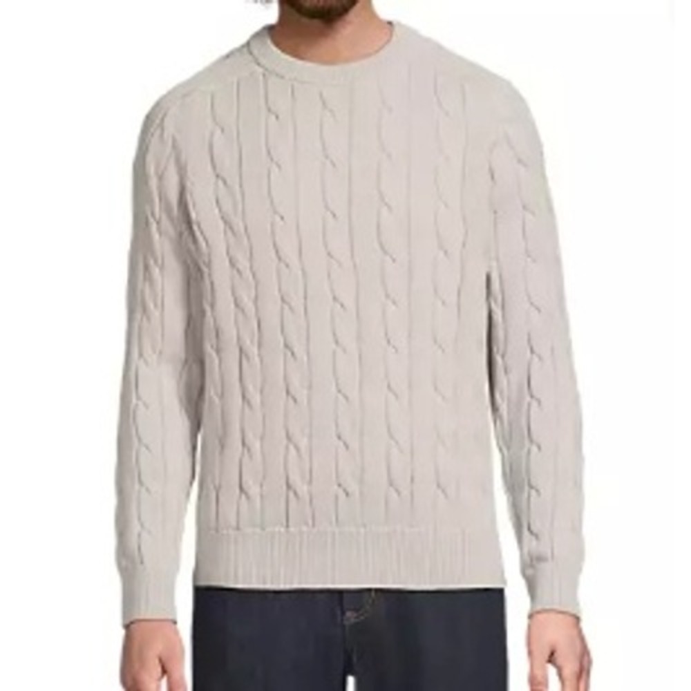 Lands End Mens Silk Cotton Cable Knit Crewneck Sweater Sail White Large L - Picture 6 of 8